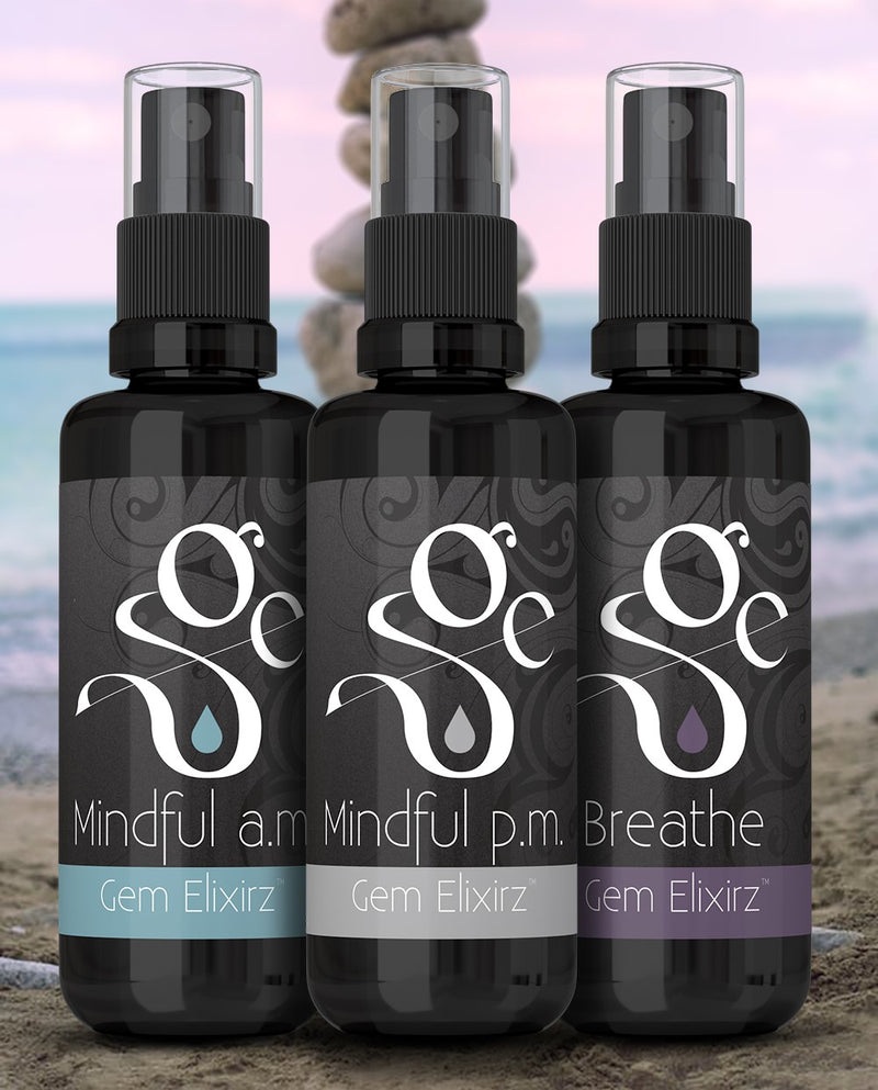 Mindful a.m , Mindful p.m. and Breathe aromatherapy sprays with essential oils and gemstones, for meditation  and beyond