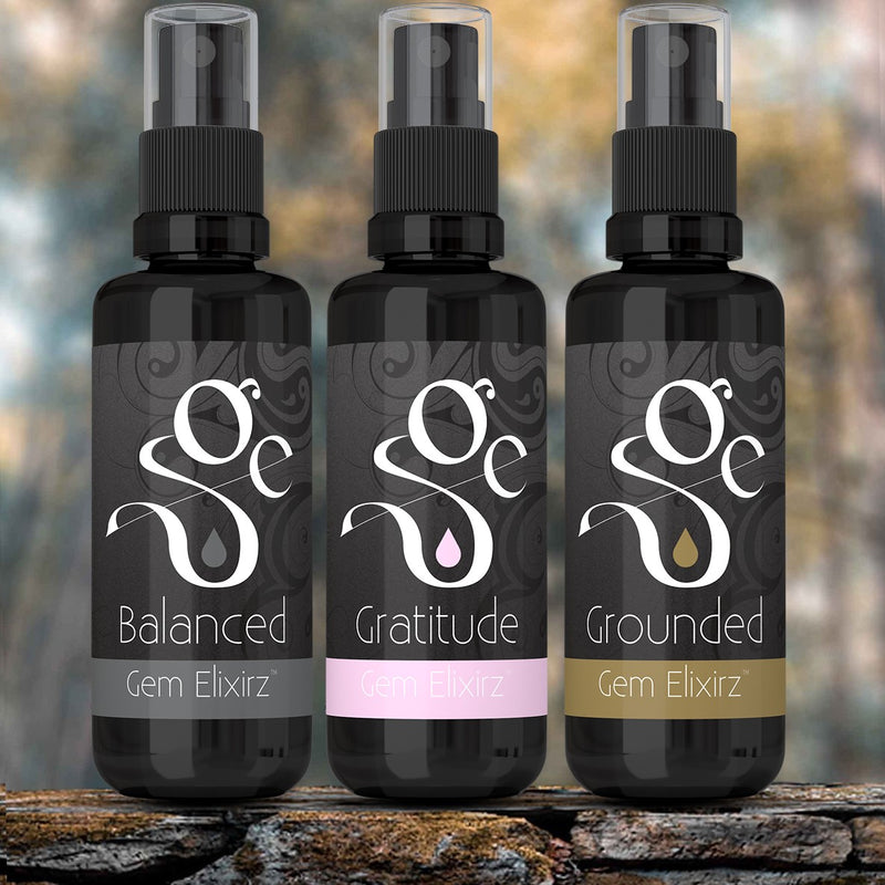Balanced, Gratitude and Grounded aromatherapy sprays with essential oils and gemstones, perfect for yoga and beyond