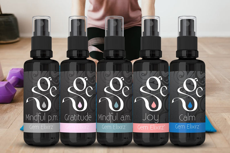 Mindful p.m., Gratitude, Mindful a.m., Joy and Calm aromatherapy sprays with essential oils and gemstones, perfect for yoga practice