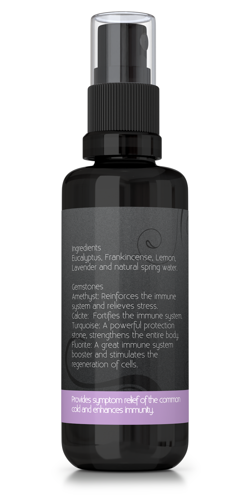 Immunity aromatherapy spray with essential oils and gemstones, backside  of bottle showing ingredients