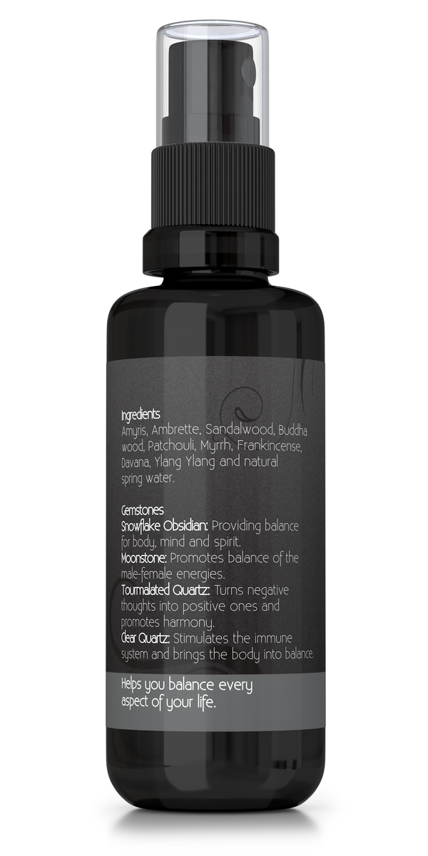 Balanced Aromatherapy Spray with essential oils and gemstones, backside of bottle showing ingredients