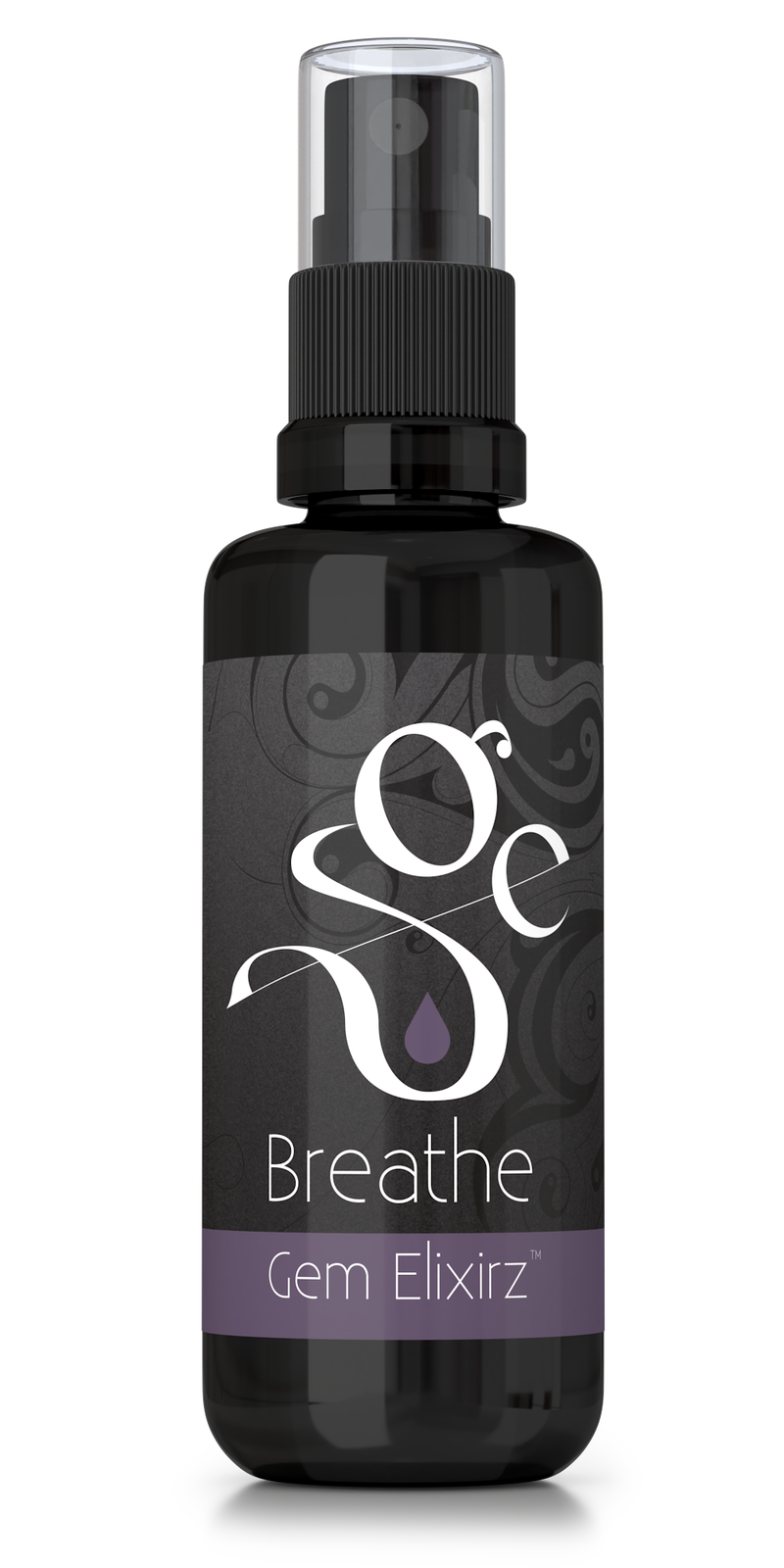 Breathe aromatherapy spray with essential oils and gemstones, frontside of bottle