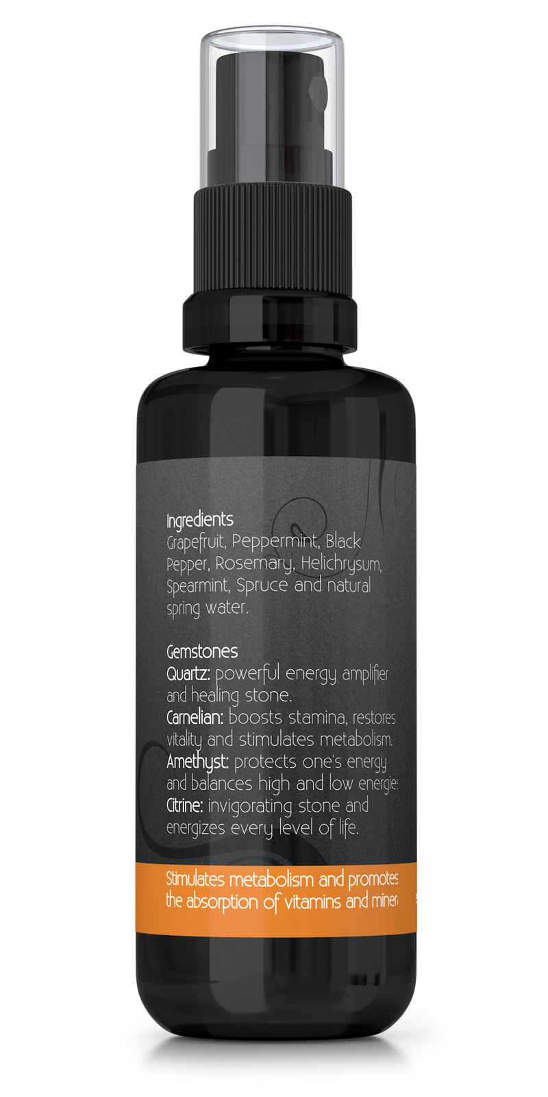 Energy aromatherapy spray with essential oils and gemstones, backside of bottle showing ingredients