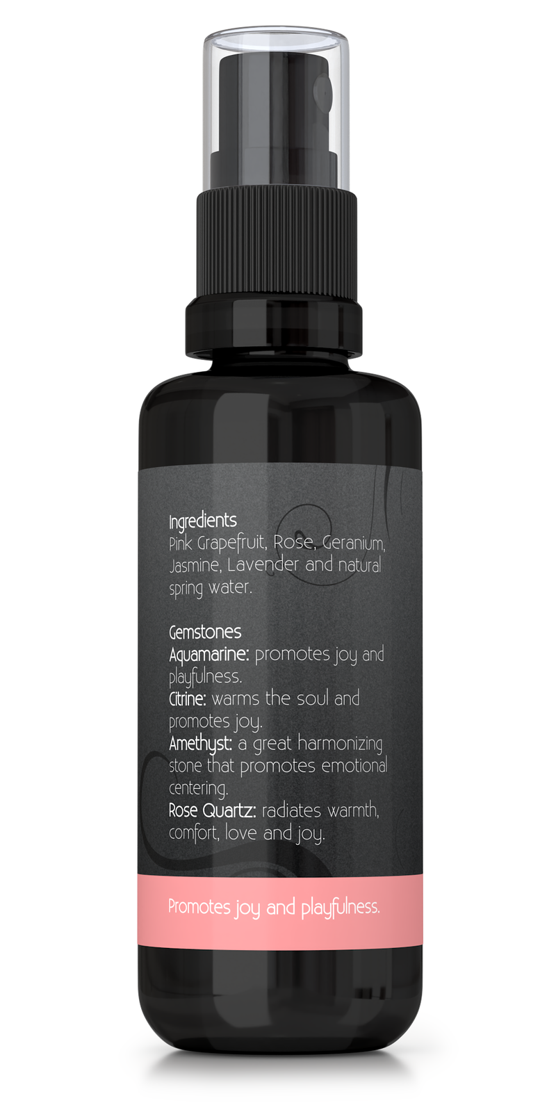 Joy aromatherapy spray with essential oils and gemstones, backside of bottle showing ingredients