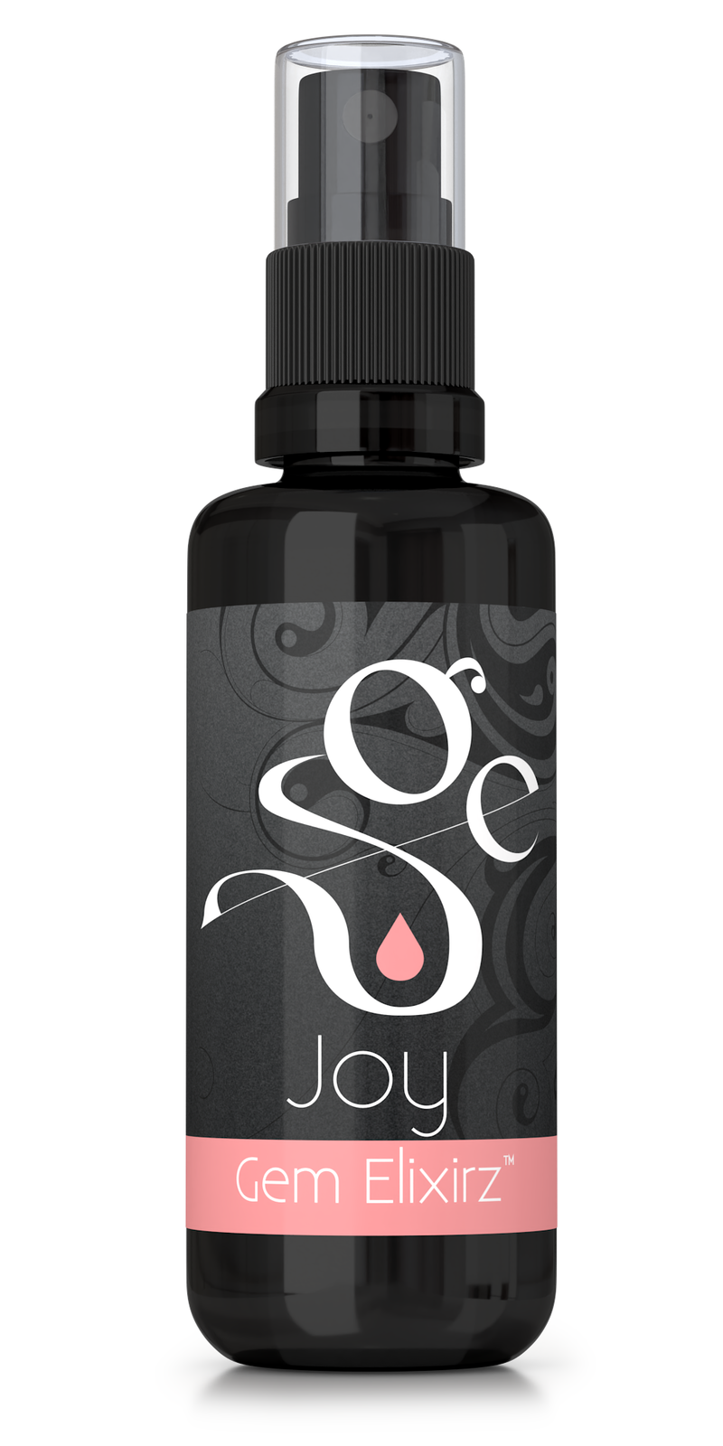 Joy aromatherapy spray with essential oils and gemstones, frontside of bottle
