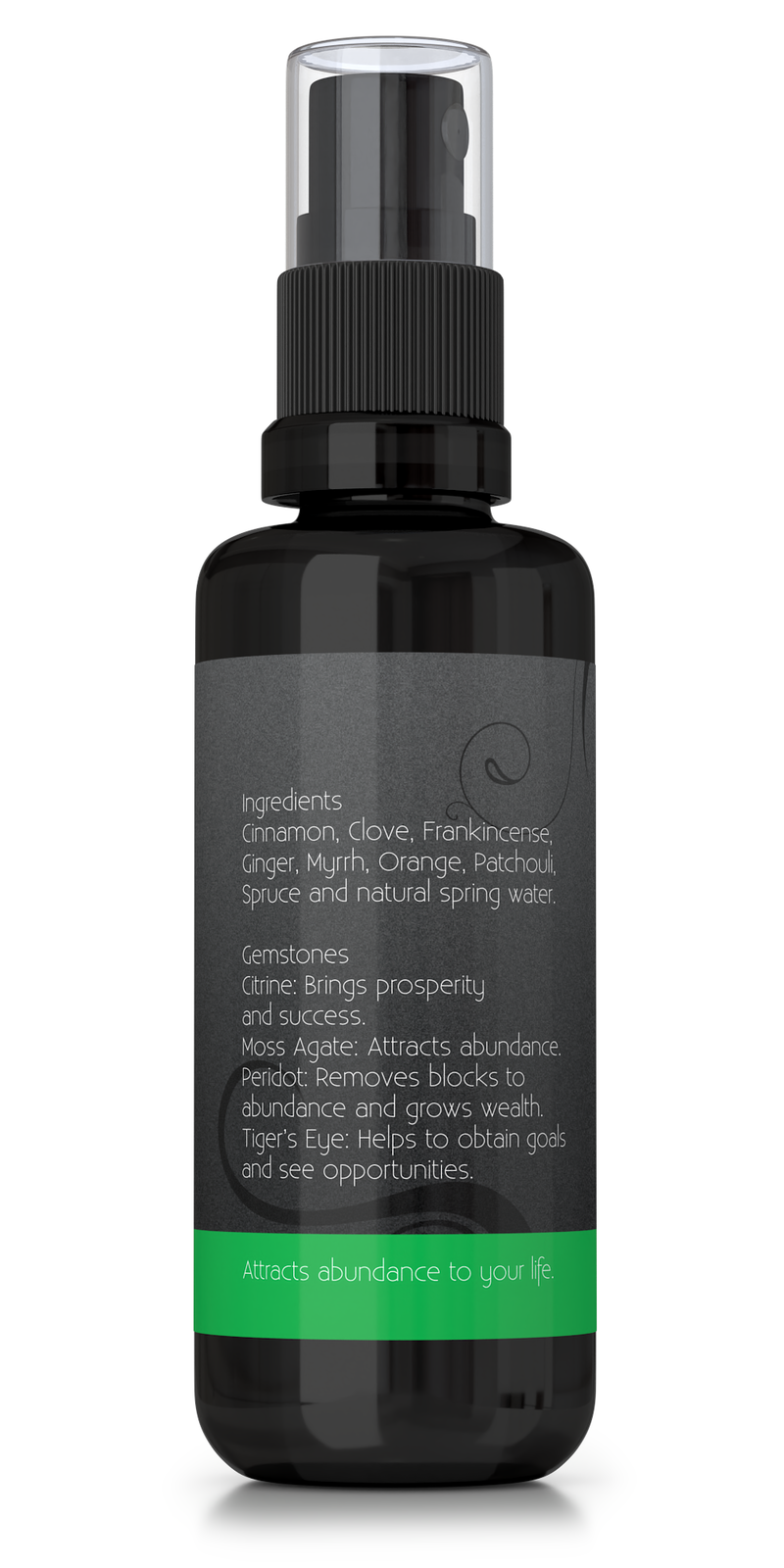 Abundance aromatherapy spray with essential oils and gemstones, backside of bottle  showing ingredients