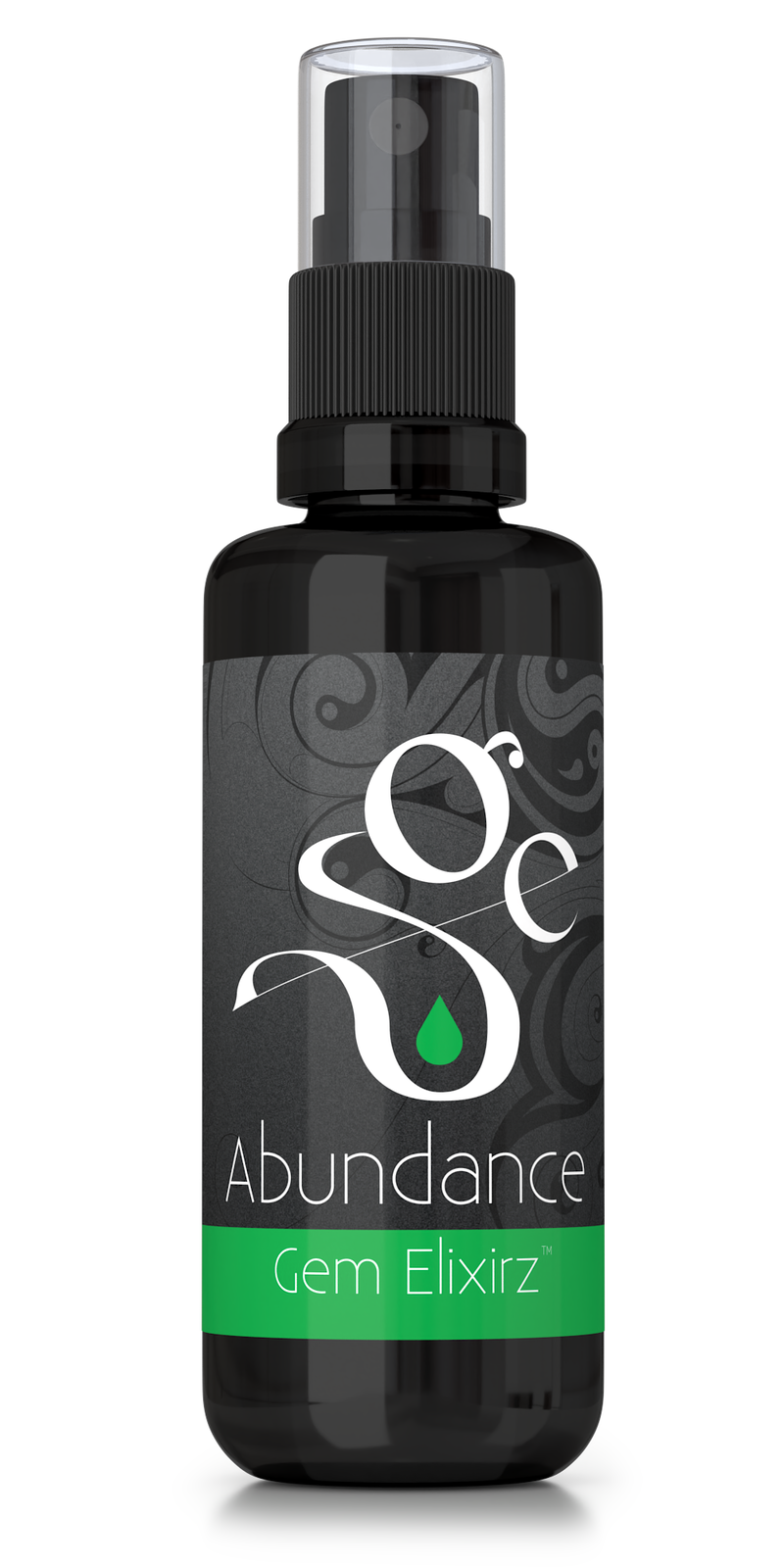 Abundance aromatherapy spray with essential oils and gemstones, frontside of bottle