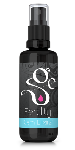 Fertility aromatherapy spray with essential oils and gemstones, frontside of bottle