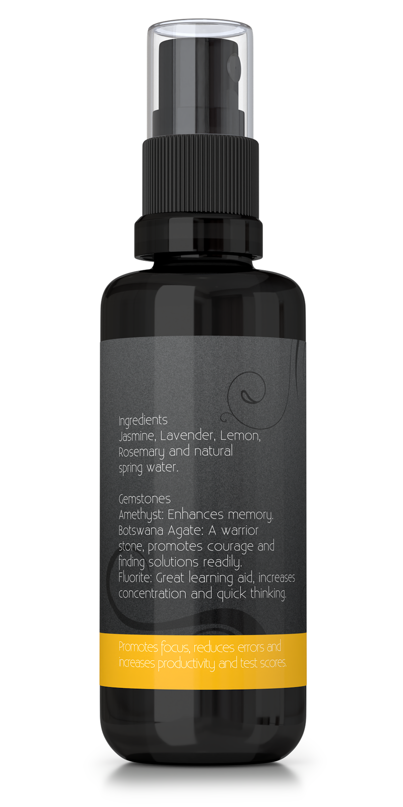 Focus aromatherapy spray with essential oils and gemstones, backside of bottle showing ingredients