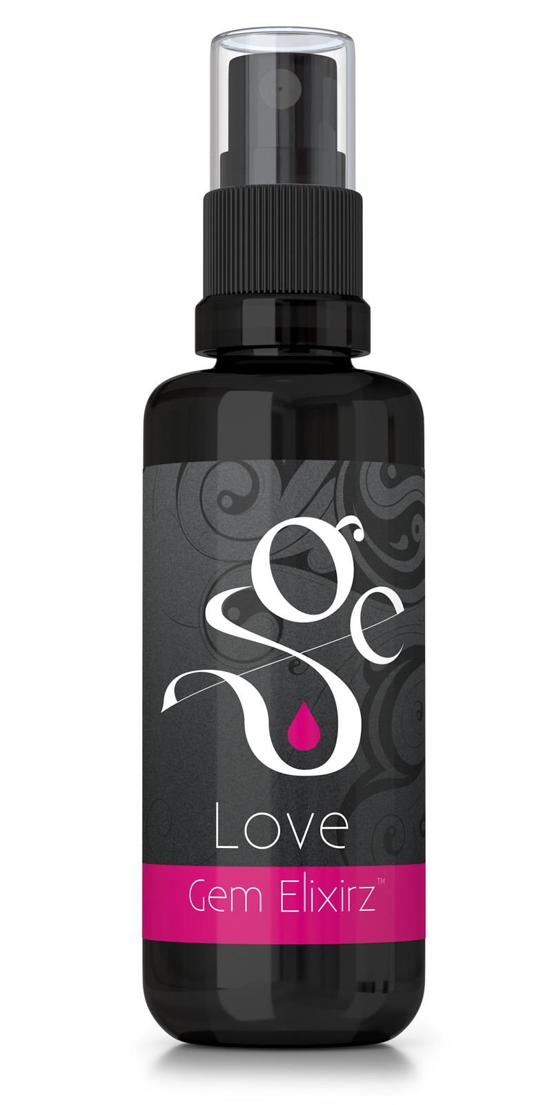Love aromatherapy spray with essential oils and gemstones, frontside of bottle