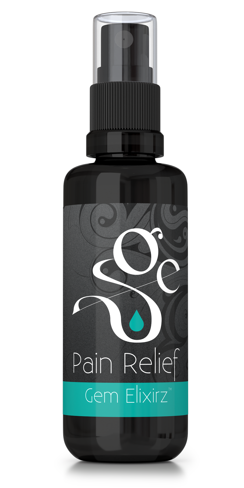 Pain Relief aromatherapy spray with essential oils and gemstones, frontside of bottle